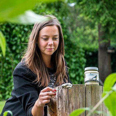 Persoon smeert vogelpindakaas op een boomstam