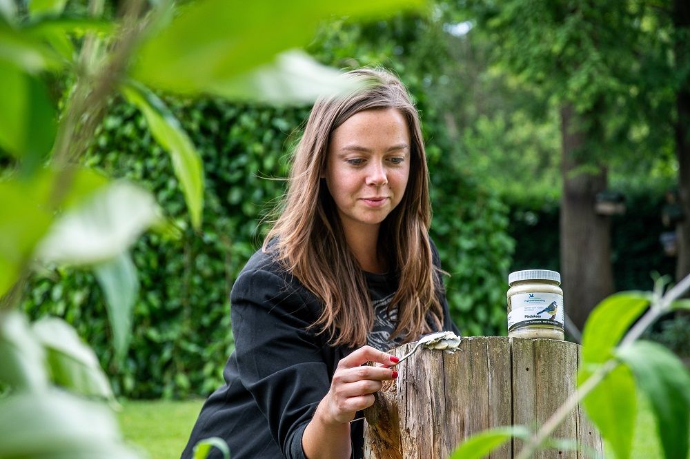 Vrouw smeert vogelpindakaas op een boomstam